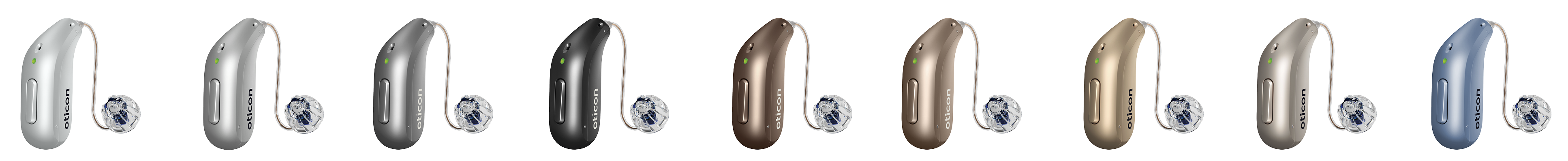 Oticon Intent available in seven colors: Chroma Beige, Honey Beige, Sand Beige, Steel Grey, Diamond Black, Chestnut Brown, and Sky Blue